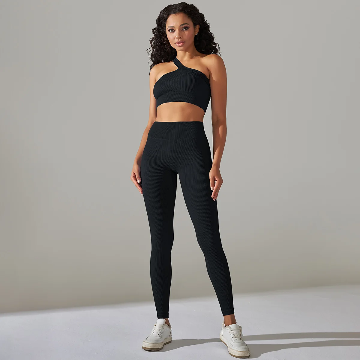 Women Ribbed Activewear Set Two Piece Seamless Bra Legging Set One Shoulder Sports Bra Set