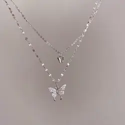 wholesale women rhinestone crystal butterfly necklace gold plated double layered ladies jewelry butterfly pendant necklace