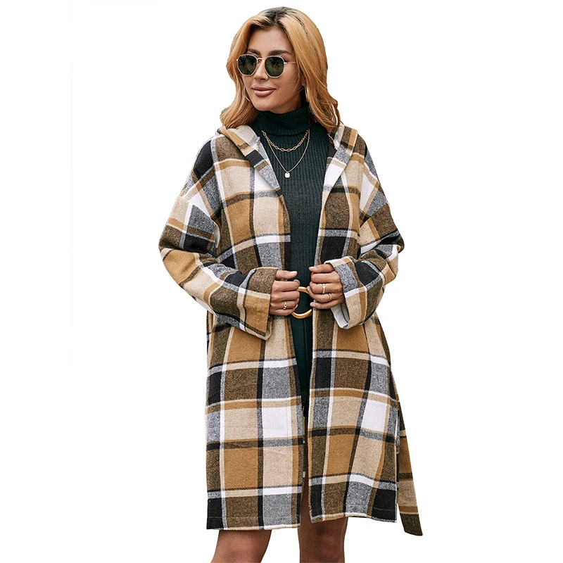 Loose Casual Plaid Coat Mid-Length With Belted Hooded Overcoat Jacket Plaid Woolen Coat Women