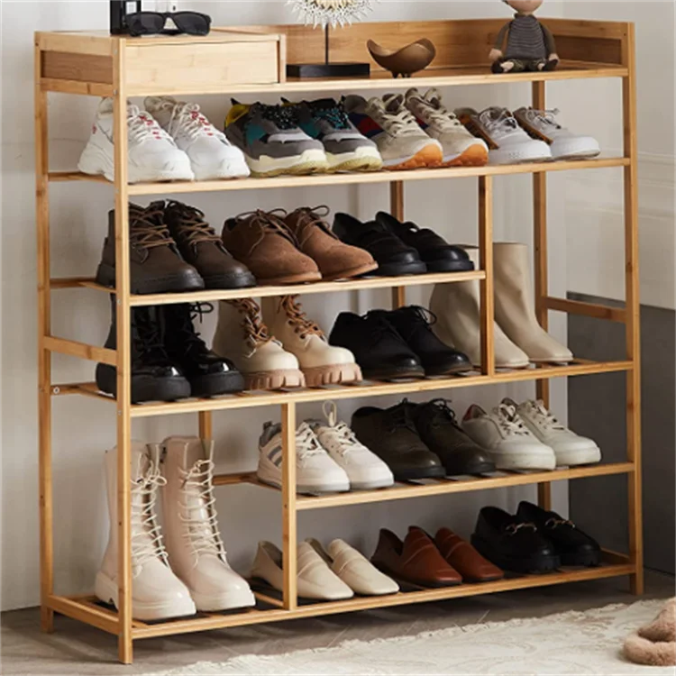 Natural wood household entryway storage box shoe cabinet 5-tier bamboo shoe rack for entryway