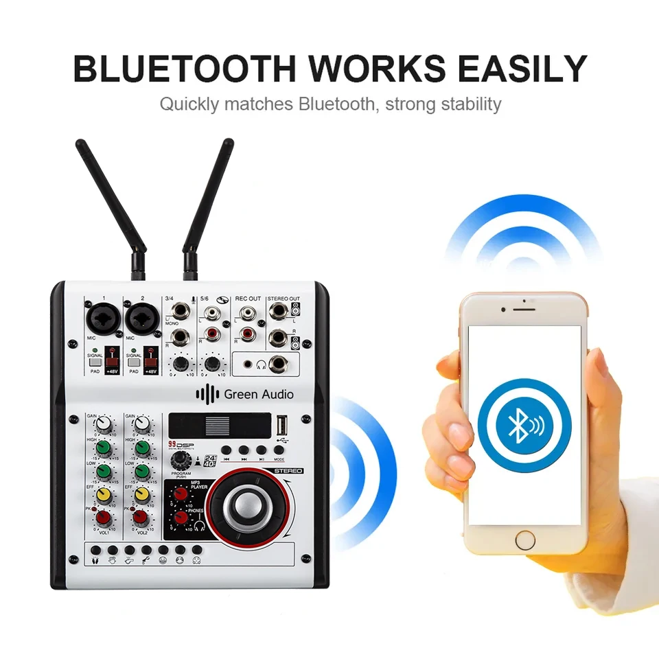 GAX-G06 Professional Console MP3 Computer Input Built-in 99 Reverb Effect 6 Channel Digital Audio Mixer with Microphones