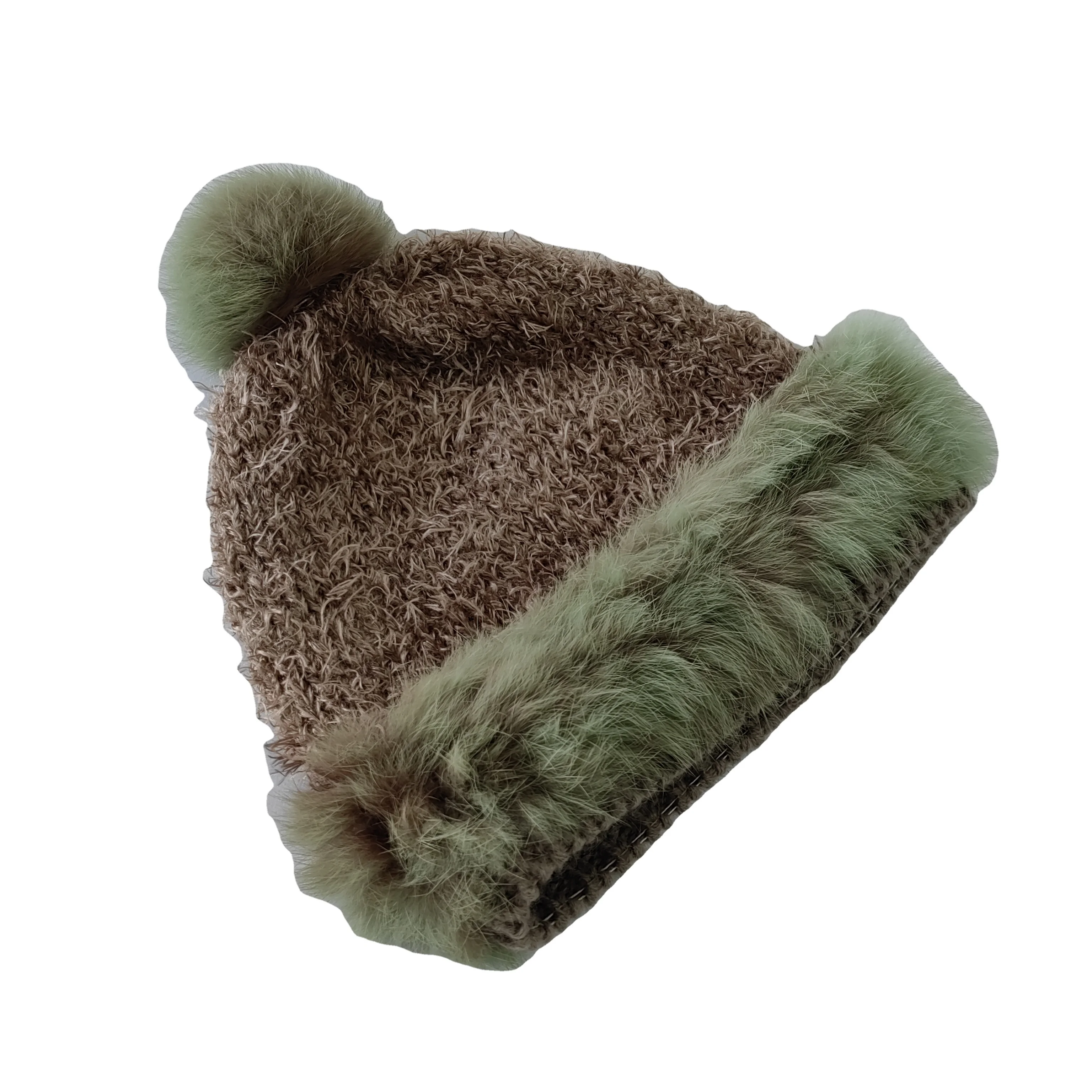 Ladies winter adult acrylic Neutral thick color knitted hat fur hat with pompom