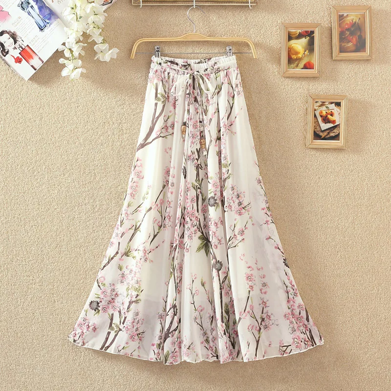 New style  lady clothing free size summer long chiffon floral maxi skirts for women
