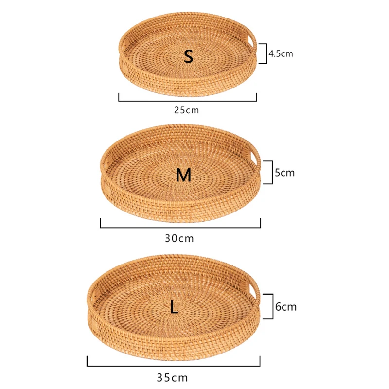 Japanese Style Round Multifunctional Fruit Tray Handles Woven Rattan Bread Basket Creative Breakfast Platter