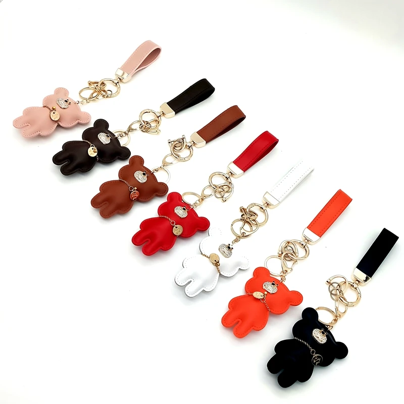 Luxury Brown PU Leather Small Mini Bling Key Ring Ornament Wholesale Bear Keychain with pompom