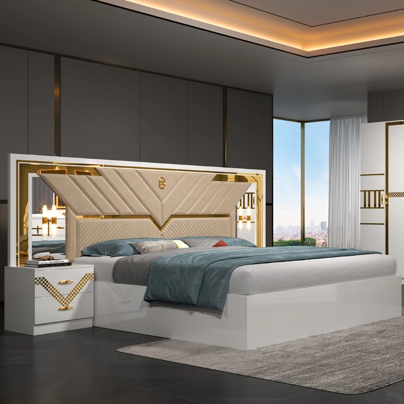 2024 New Design Wooden Double Leather Bed Room Suite Modern Luxury Full Set Cheap 5 Piece Mdf Home Furniture Bedroom Sets