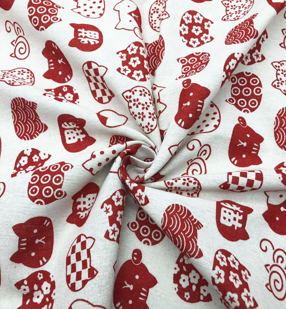 
Spot wholesale 100% linen cotton printed calico red cat printed curtain, sofa, pillow fabric American market 
