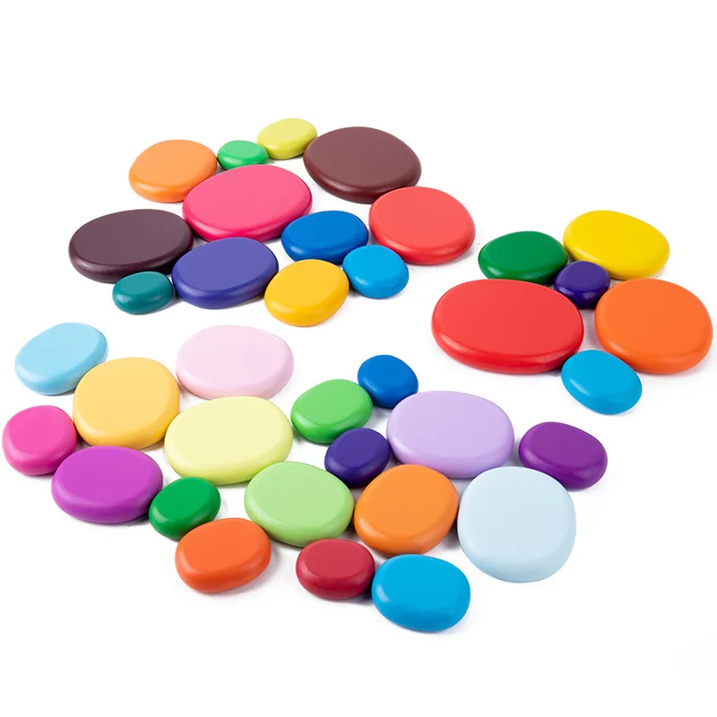 Kids Wooden Toys Rainbow River Pebbles Nature Flat Stone Dolls Rings Balls Building Blocks/Baby Stacking Blocks Motessori Toy