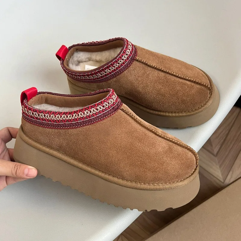 Wholesale Custom Logo Winter Wool Fake Sheepskin Slip-on Slipper Shoes with EVA Insole Platform Snow Short Boots Women Men