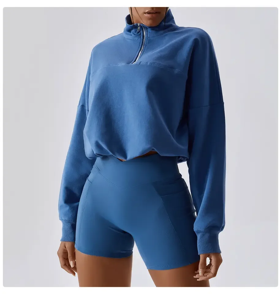 2023 custom logo half zipper drop shoulder sweatshirt for women Wholesale cotton Long Sleeves Sweater women