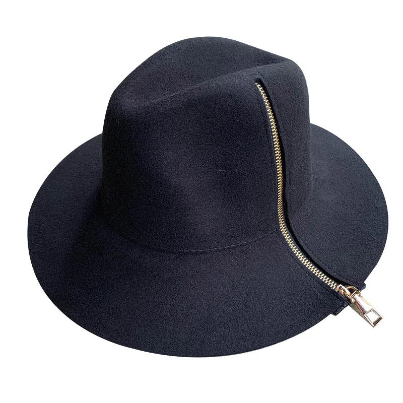 Высококачественная шерстяная дизайнерская женская шляпа Федора с металлической молнией и широкими полями оптом 2021
