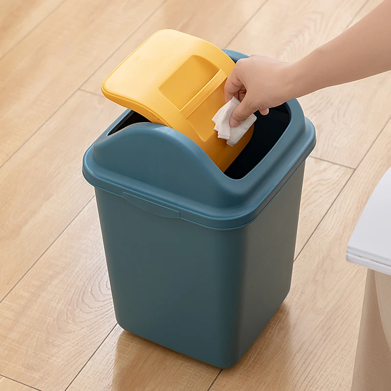 Portable Plastic Kitchen Garbage Bin Trash Can with Swing Top Lid