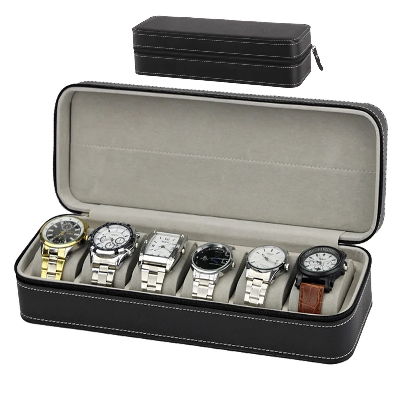 Custom logo portable watch box zipper luxury leather travel watch case 6 slots
