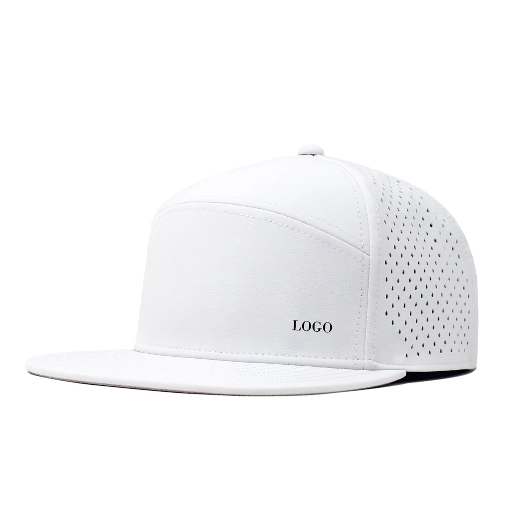 Custom PVC Rubber Patch Men White 6 Panels Flat Brim Golf Snapback Hat Polyester Perforated Golf Waterproof Sports Snap Back Cap