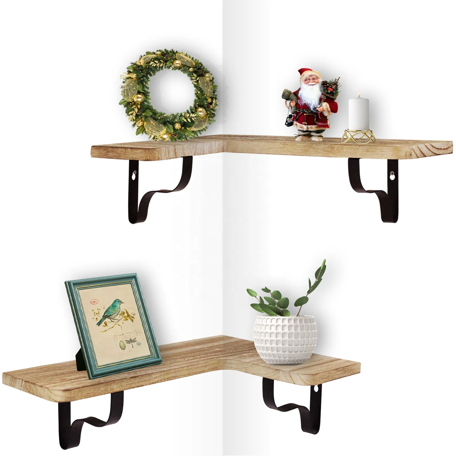 Corner Wall Shelf Rustic Wood Corner Floating Shelves, Wall Mounted L-Shape Shelves for Living Room Bathroom Bedroom Kitchen