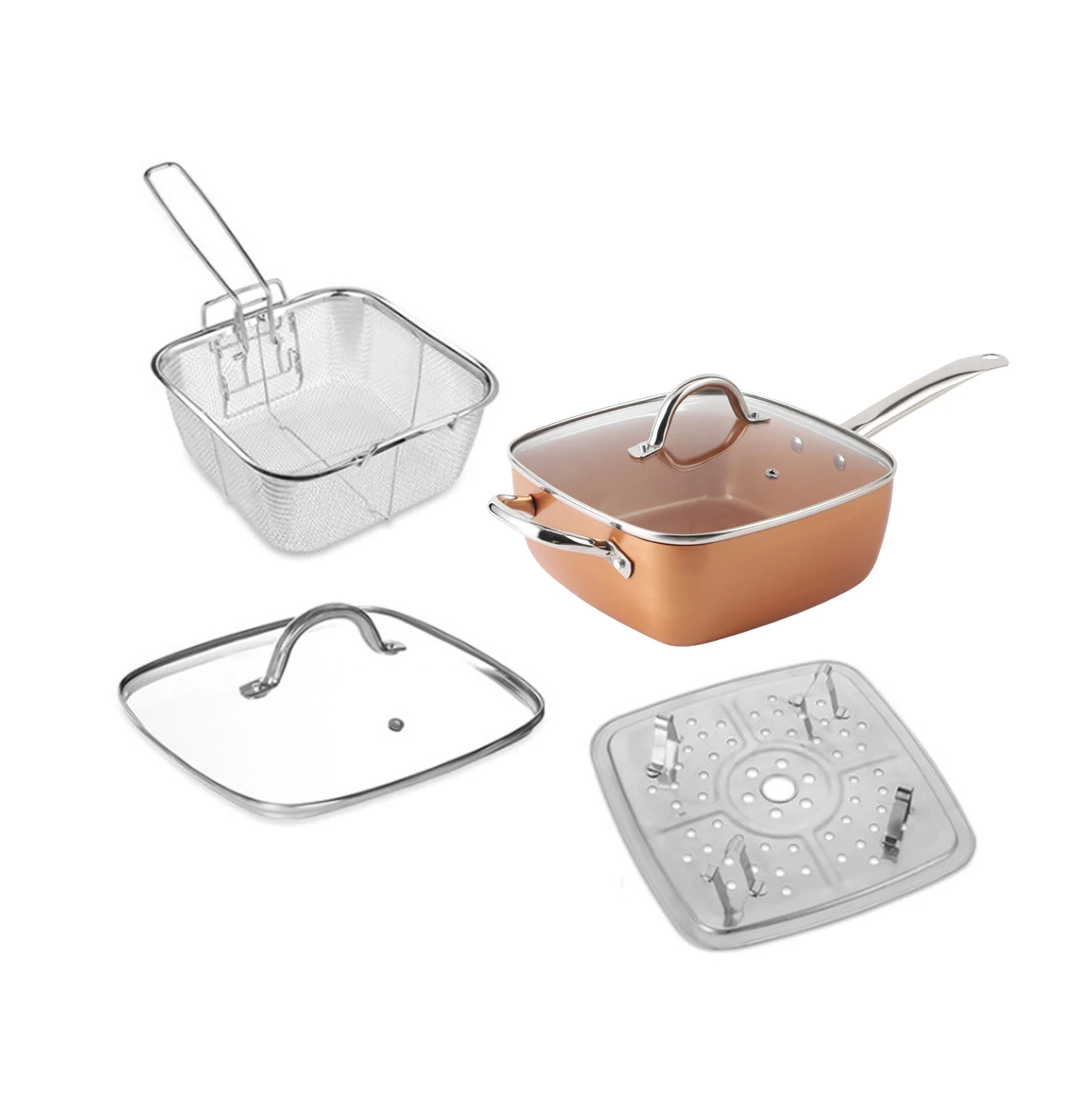 Copper ceramic non stick frying pan deep square induction bottom frying pan suit cookware sets