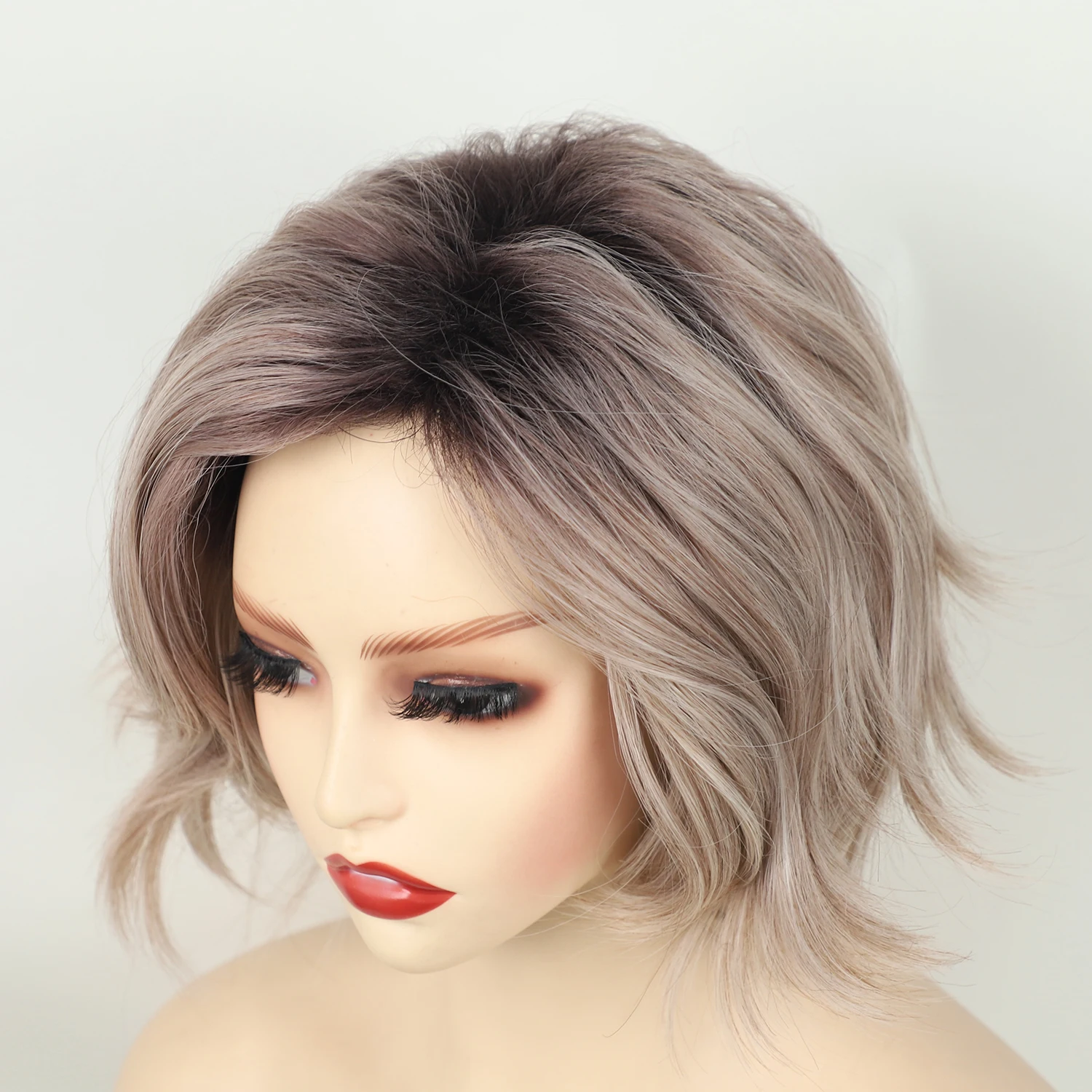 wholesale gray mixed blonde side part natural looking hair wig short wavy synthetic wigs
