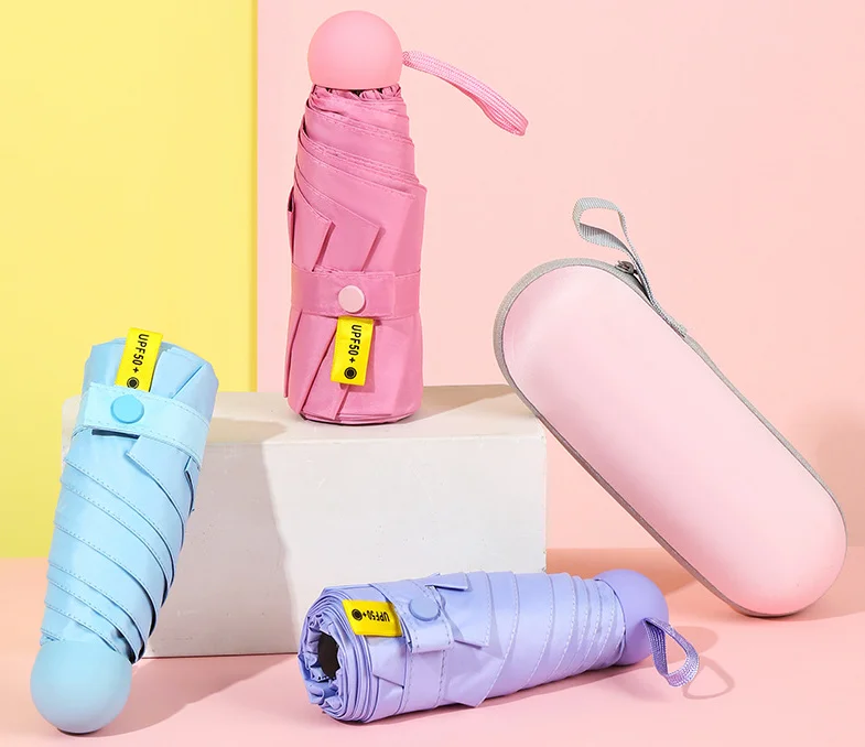 Mini 5 Fold Custom Logo Anti UV Pill Black Coated Umbrella Rain Pocket Foldable Umbrellas Manual Capsule Umbrella