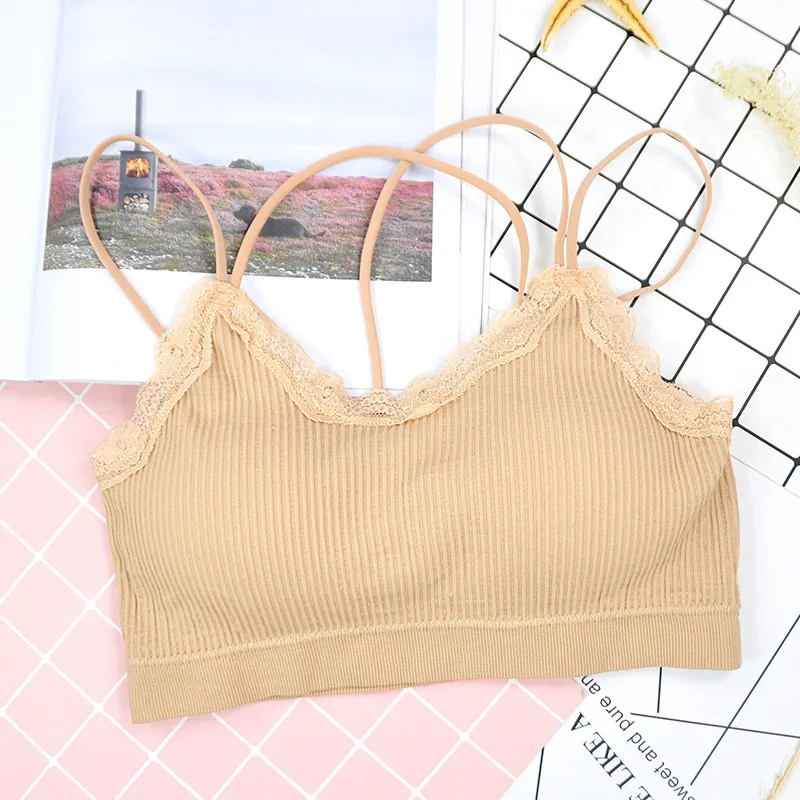 Seamless sexy lace ladies bra ribbed vest beauty back tube top sweet girl underwear