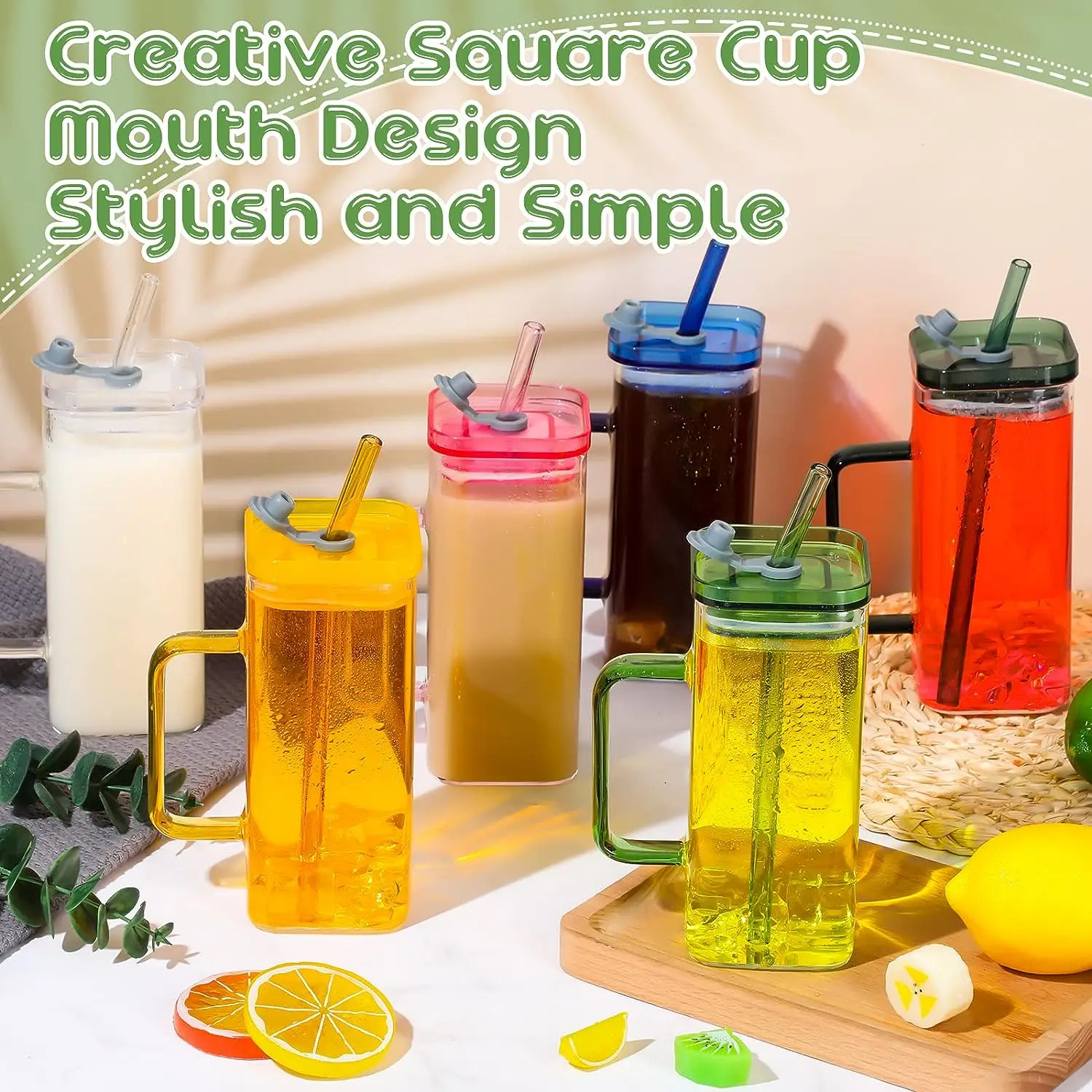 High Borosilicate Heat Resistant Juice Coffee Drink glass square cup with plastic lid and straw
