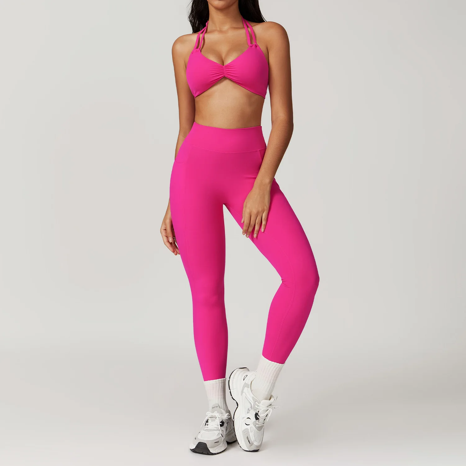 Women Sports Butt Lift V Back Leggings Push Up Halter Adjustable Workout Bra Gym Fitness High Waist Yoga Set with Pocket