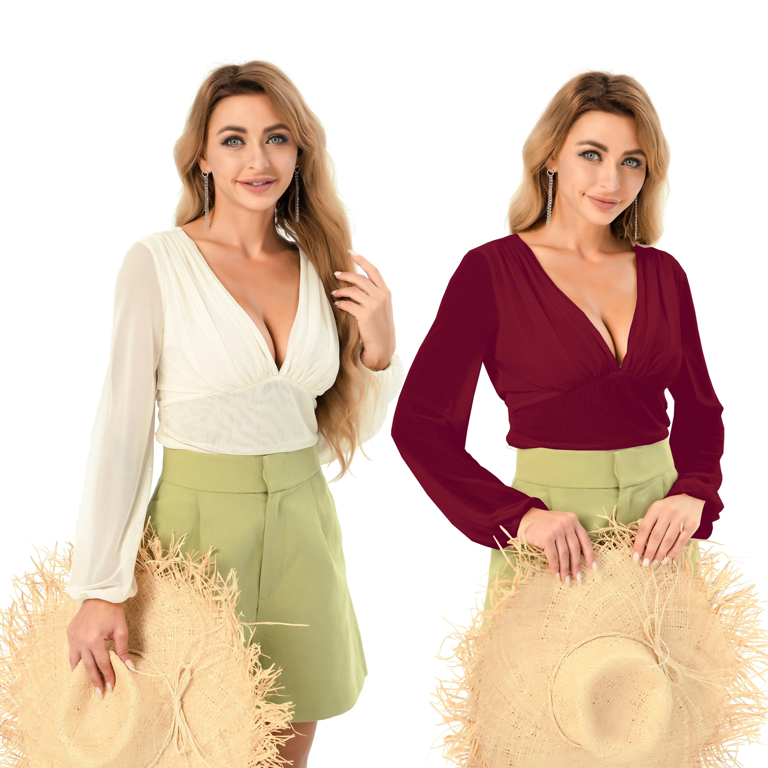 Ladies Sexy Fashion Elegant Long Sleeve Deep V Neck Back Printed Sheer See Through Mesh Top Pleated Blouses for Women