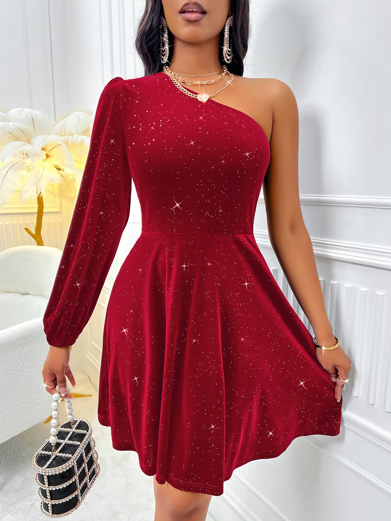 MANYLIYA Autumn fashion women single shoulder long sleeved solid color sexy dress casual elegant daily birthday party MIDI dress
