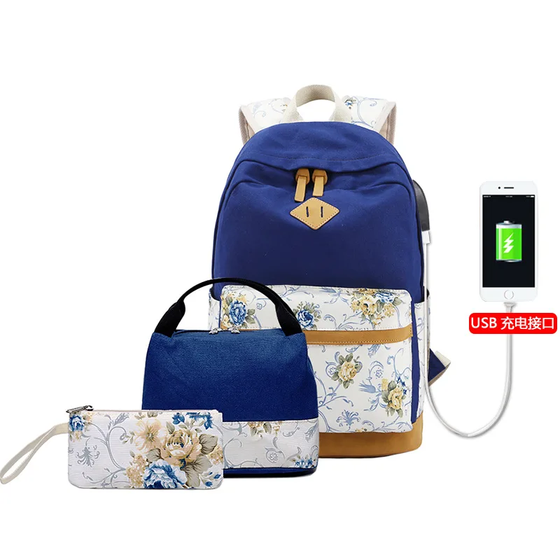 New 3pcs/Set Girl Backpack Custom Print Leisure Canvas Schoolbag Travel Backpack with usb charging