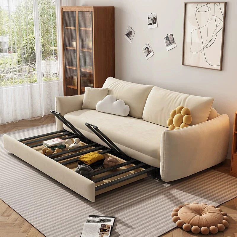 Technology Velvet Sofa Bed Multifunctional Foldable Double Small Household Cream Wind Telescopic Dual-Use Sliding Storage Beds