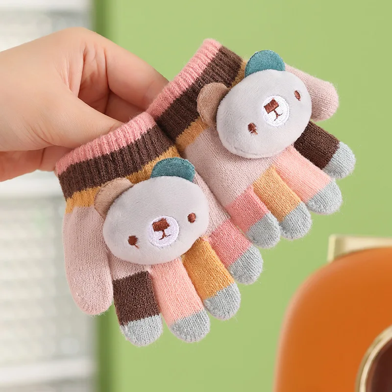 2023 Orange Half Finger Warm Winter Gloves for Children Lovely Rabbit Pattern Covered Mittens for Kids