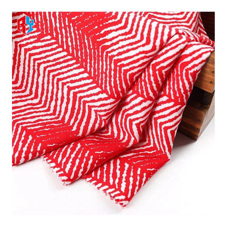 Shaoxing Viscose Manufacturer Supply Custom Red Stripe Designs 100% Rayon Printed Fabric Woven Fabric for Dress