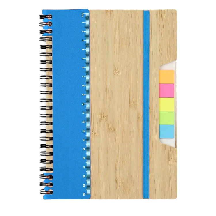 A5 Size ECO Spiral Binding Bamboo Cover Notebook with Sticky Note Pads with ruler