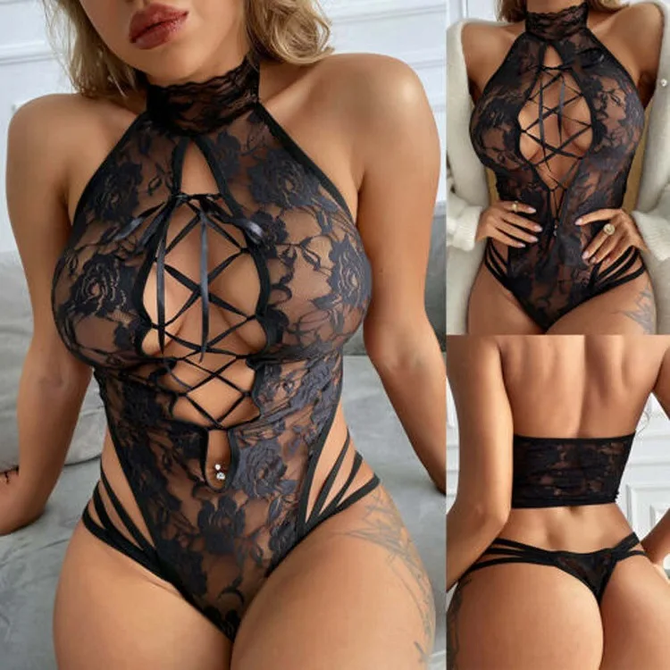 Supplier Cheap Price Women New Sexy Fashion Hollow Out Black Lace Lingerie Set Underwear Lenceria Onesie