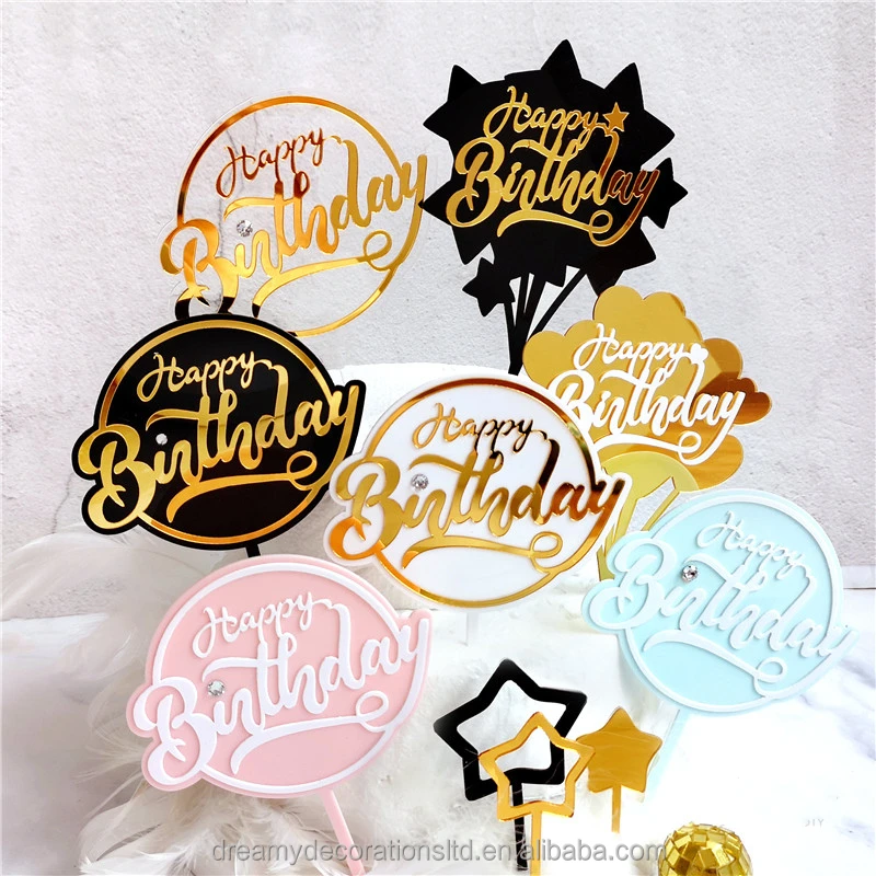2021 Product Wholesale Acrylic Laser Cutting Flower-Shaped Pink Blue Black Clear Background Cake Topper Custom Happy Birthday