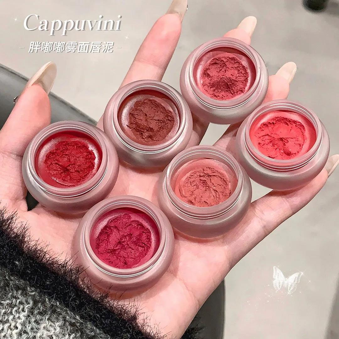 Cappuvini Small round Pot Vegan Matte Lip Mud Girls Velvet Matte lip cream Cosmetics for Student Makeup Powder Blusher Lipstick