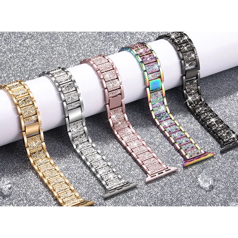 Модные 3 бисера наручных часов Apple Watch, версии браслет из нержавеющей стали с алмазной украшение для наручных часов Apple Watch серии 8 браслет ювелирные изделия с бриллиантами