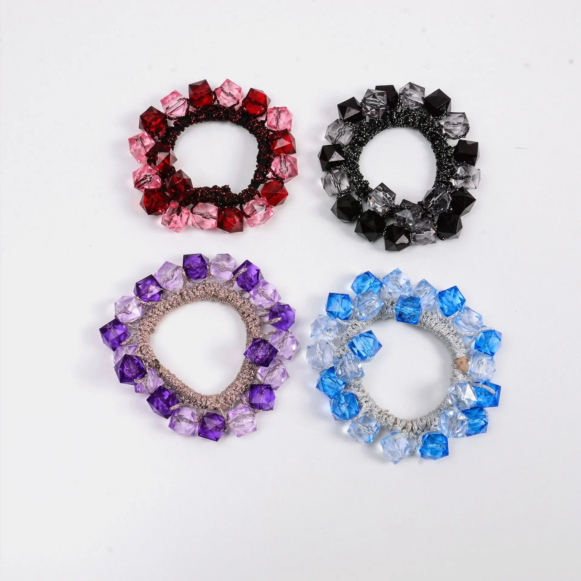 Handmade Crochet Candy White Full Crystal Pearls Ponytail Scrunchies Ties Elastic Rubber Hair Accessories Women Pearl Hair Bands