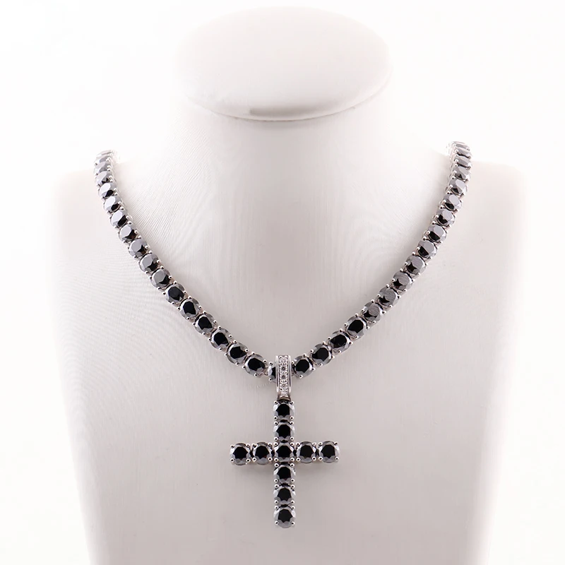 Black Diamond Tennis Chain & Cross Pendant Necklace Ice Out Chain Diamond For Men & Women 4mm Round Cut  Moissanite