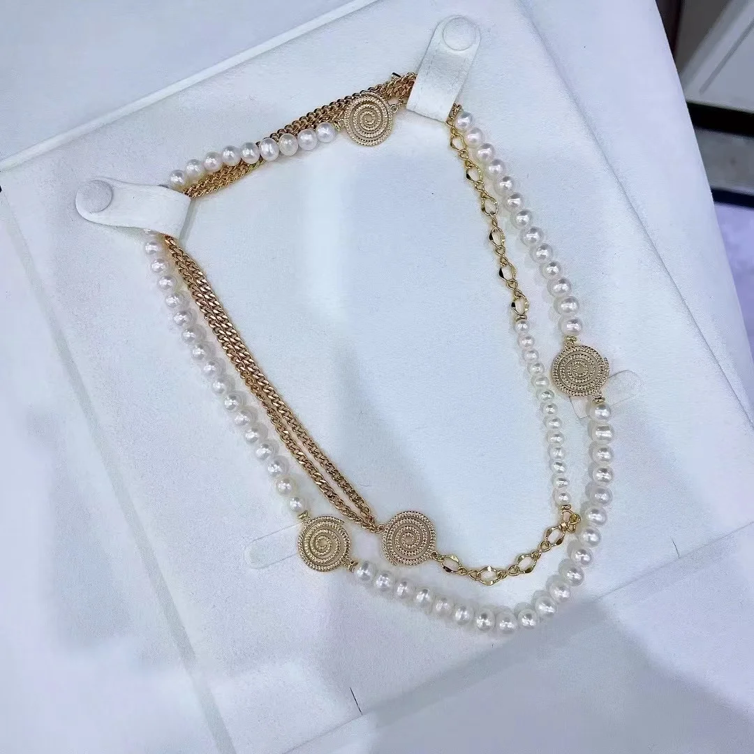wholesales 6-7 mm freshwater cultured pearl pearls necklace metallic chain necklace Sweater Chain fashion long necklace