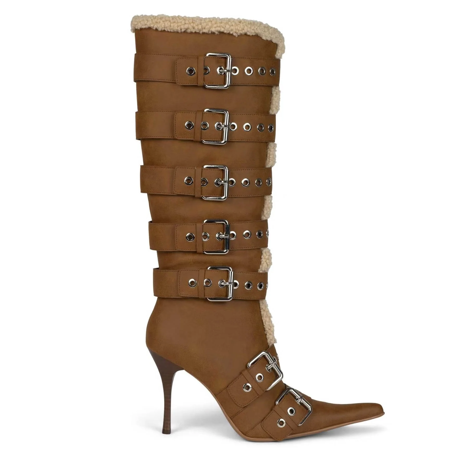 Fashion Brown Suede Pointed toe high heel boots wood heels anti-slip Snow Boots Square buckle Winter Brand Boots