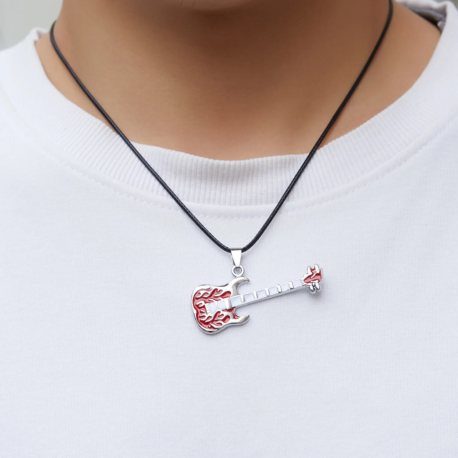 Unique Rock Music Lover Hiphop Jewelry Enamel Black Guitar Red Violin Stainless Steel Pendant Black PU Leather Necklace for Men