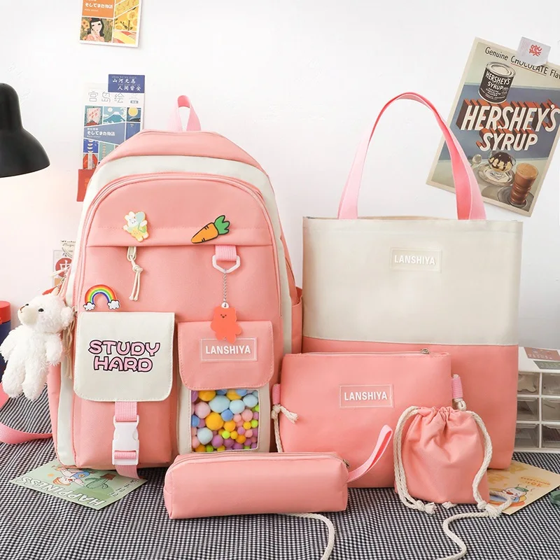5 as One Set New Style High Junior School Bags Students Backpack Shoulder Bag for children