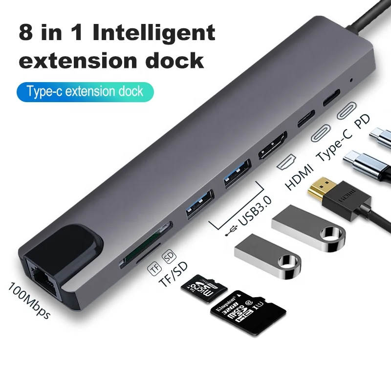 Multi Port Usb Tybe C Hub 8 In one 4K HD Multimedia Ethernet Laptop Docking Station