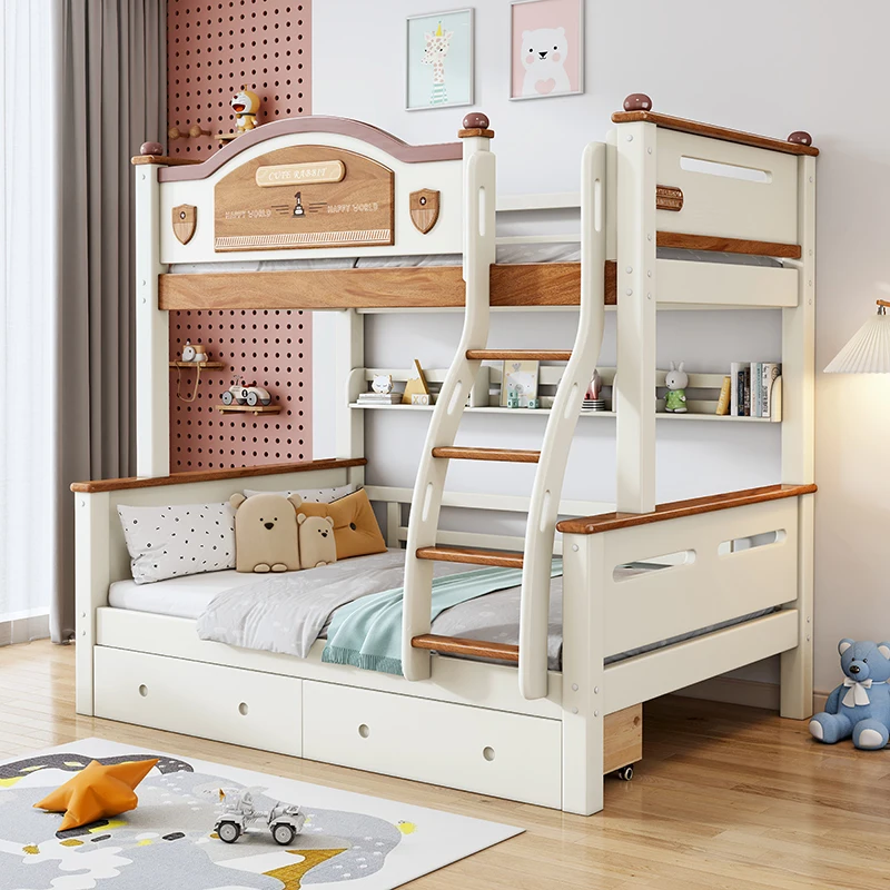 Space-Saving Solid Wood Bunk Bed A practical choice for bedrooms this high and low bunk bed features a two-story combination des