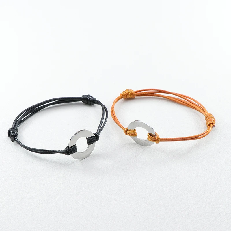 wholesale diy design silver steel charm engravable black cord string bracelet for men women minimalist jewelry