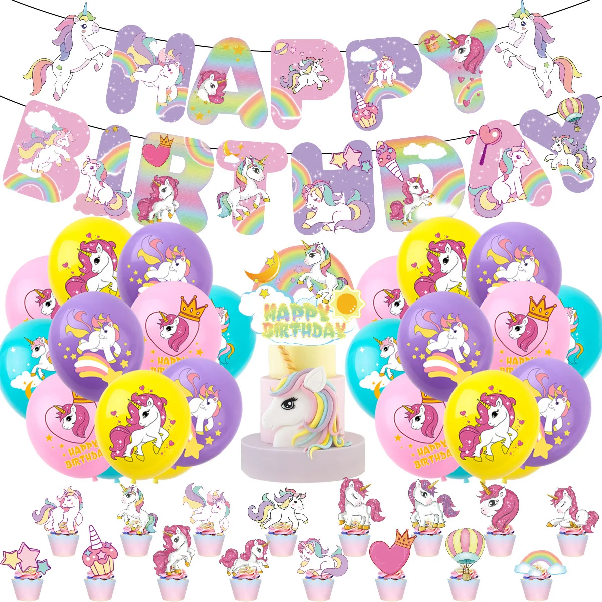 Lovely Rainbow Unicorn Birthday Decoration Set Happy Birthday Cake Topper Banner Party Balloons Decoration Supplies for Birthday