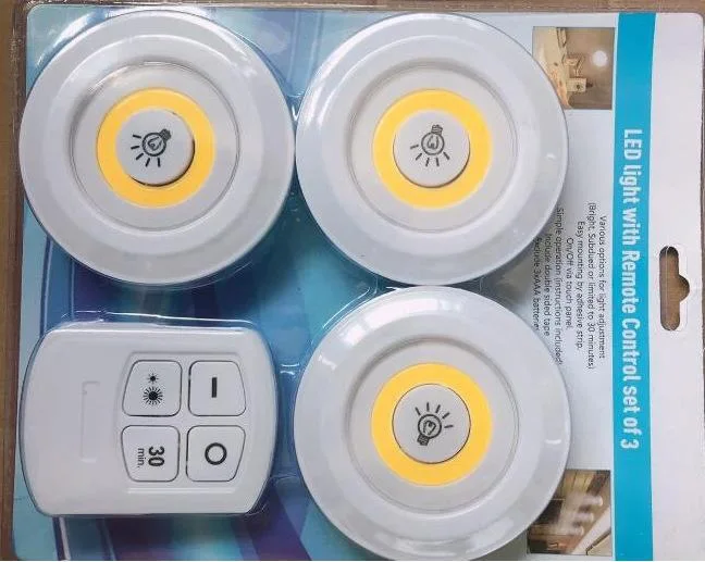 Hot Sale 3W COB Wireless  Mini Led  Night Light Pat Lamp With Remote Control Set of 3 For Bedroom Wardrobe Corridor