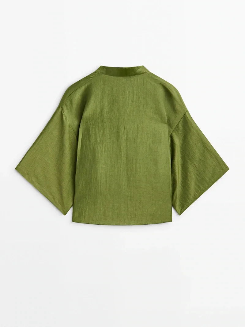 TongRui Wholesale Women Summer Blouse Bow Embellished Linen Kimono Style Blouse Wide Sleeves V-neck Linen Blouse