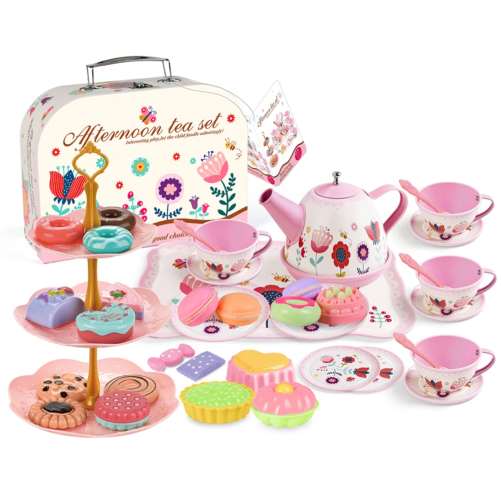 46pcs Pretend play game vintage flower tea set kids metal kitchen set toy