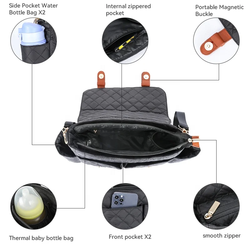 Custom Large Capacity Waterproof Travel Stroller Hanging Diaper Bag Quilted Baby Stroller Organizer with Cup Holder